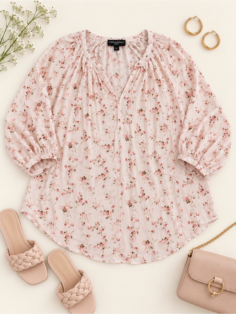 Cynthia Rowley Pink Floral Blouse 2X Peasant Tunic Rayon Cottagecore